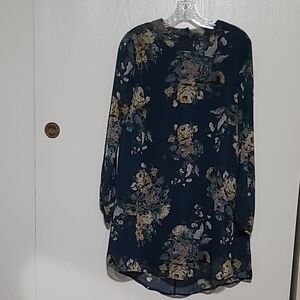 Le lis tunic dress short floral blue transparent sleeves high collar v back